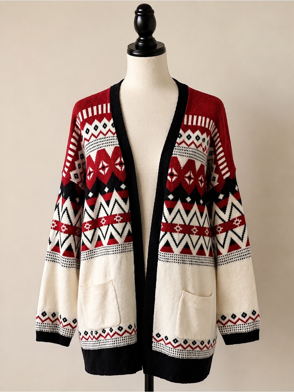 Fair Isle Nordic Long Cardigan Red White Black 2X